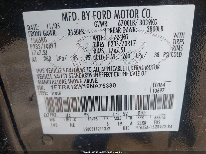 2006 FORD F-150 VIN: 1FTRX12W16NA75330