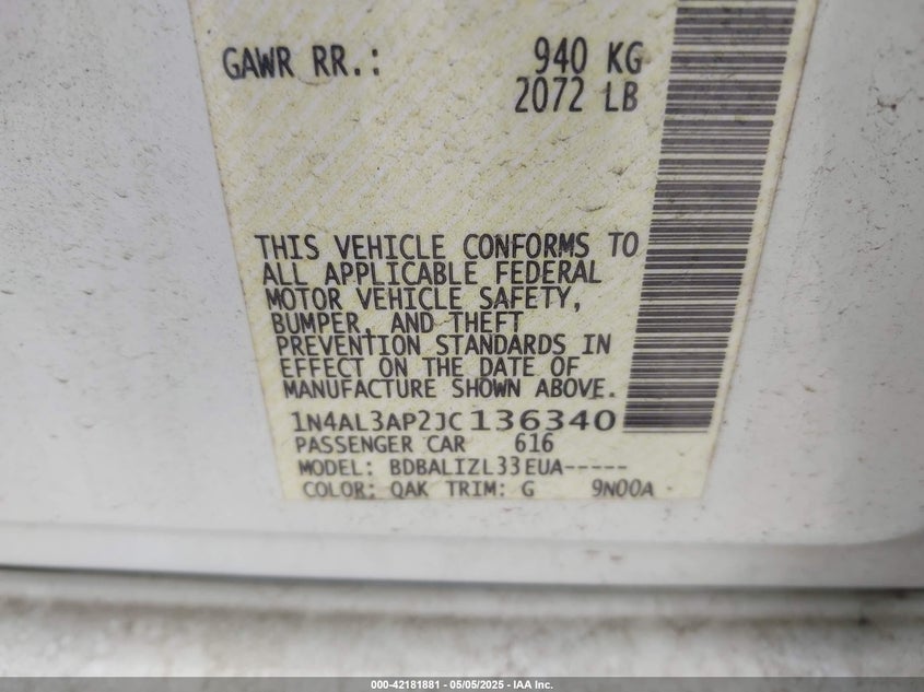 2018 Nissan Altima 2.5 Sv VIN: 1N4AL3AP2JC136340 Lot: 42181881