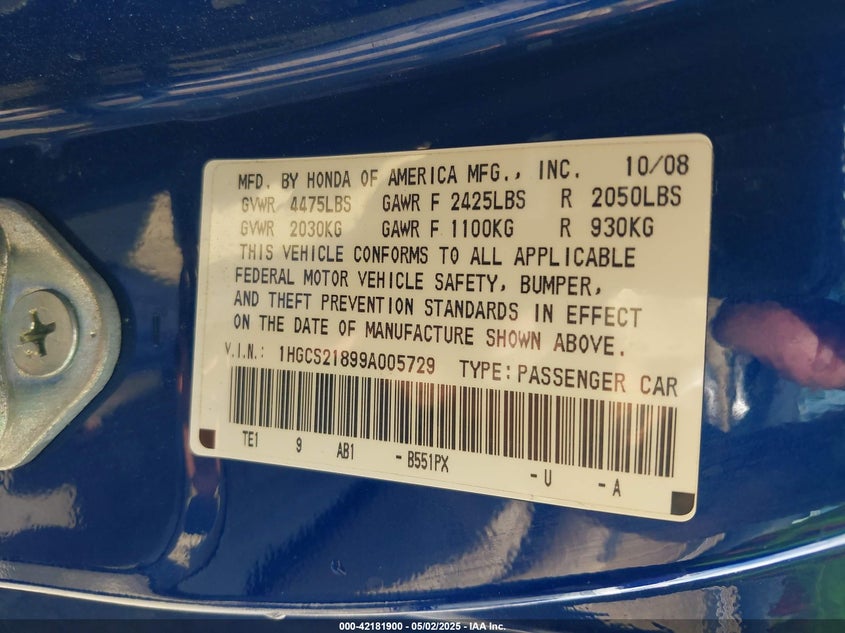 2009 HONDA ACCORD VIN: 1HGCS21899A005729
