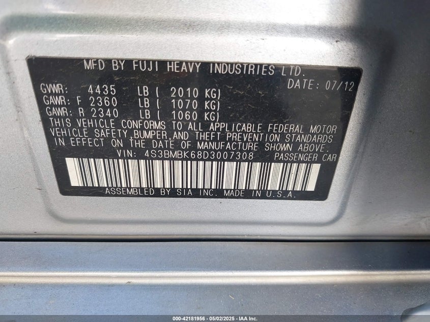 2013 SUBARU LEGACY VIN: 4S3BMBK68D3007308