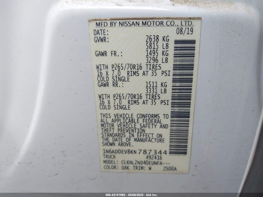 2019 NISSAN FRONTIER VIN: 1N6AD0EV8KN787344