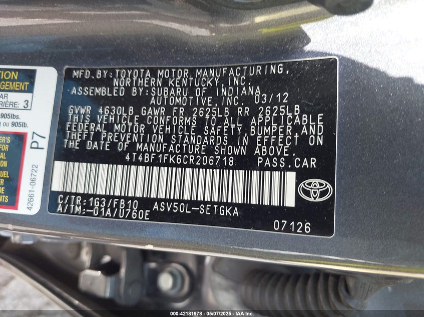 2012 TOYOTA CAMRY VIN: 4T4BF1FK6CR206718