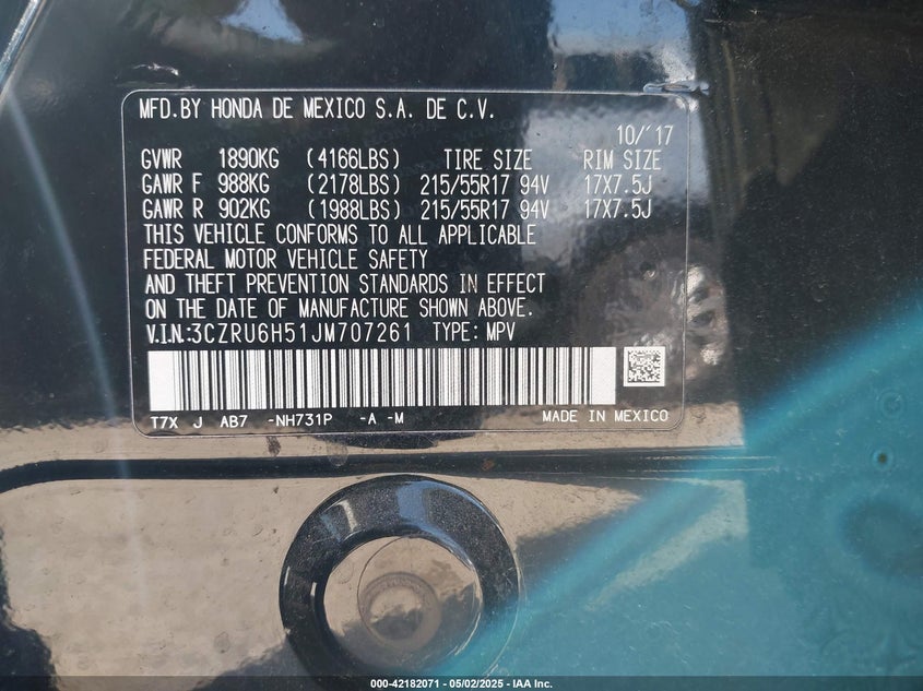 2018 HONDA HR-V VIN: 3CZRU6H51JM707261