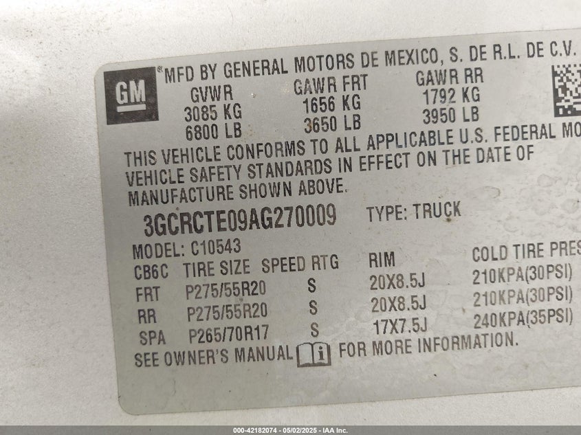 2010 CHEVROLET SILVERADO 1500 VIN: 3GCRCTE09AG270009