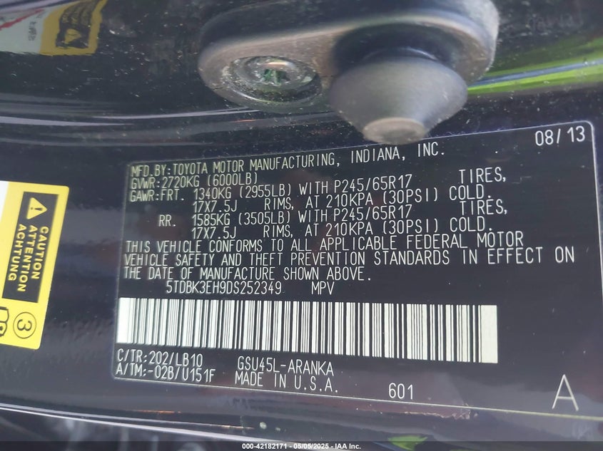 2013 TOYOTA HIGHLANDER VIN: 5TDBK3EH9DS252349