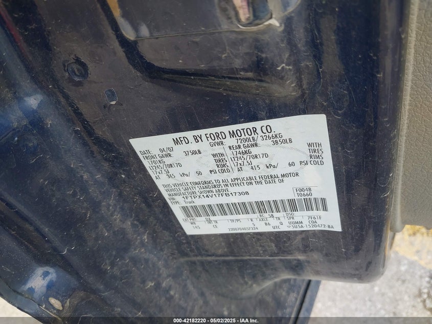 2007 FORD F-150 VIN: 1FTPX14V17FB17308