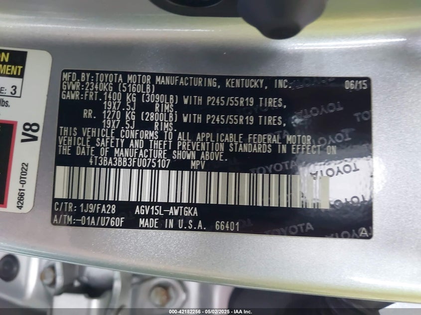 2015 TOYOTA VENZA VIN: 4T3BA3BB3FU075107