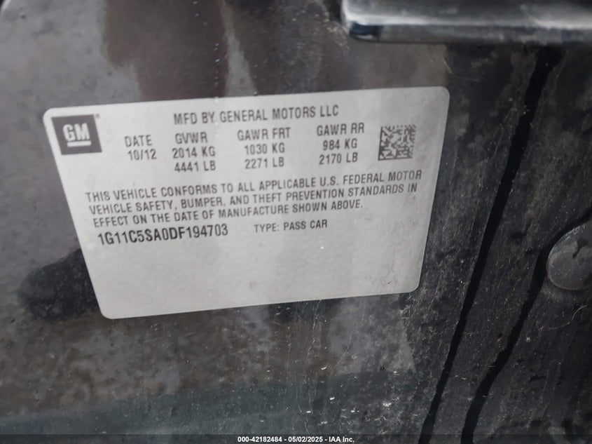 2013 CHEVROLET MALIBU VIN: 1G11C5SA0DF194703