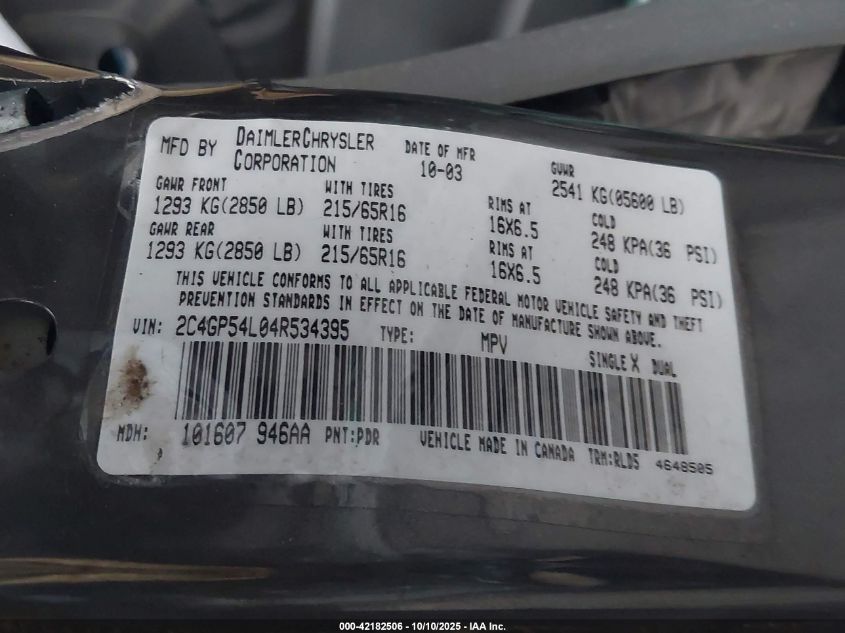 2004 Chrysler Town & Country Touring VIN: 2C4GP54L04R534395 Lot: 42182506