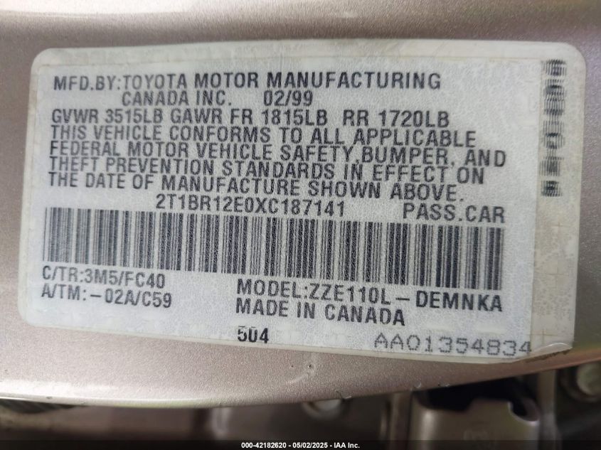 1999 Toyota Corolla Ve/Ce/Le VIN: 2T1BR12E0XC187141 Lot: 42182620