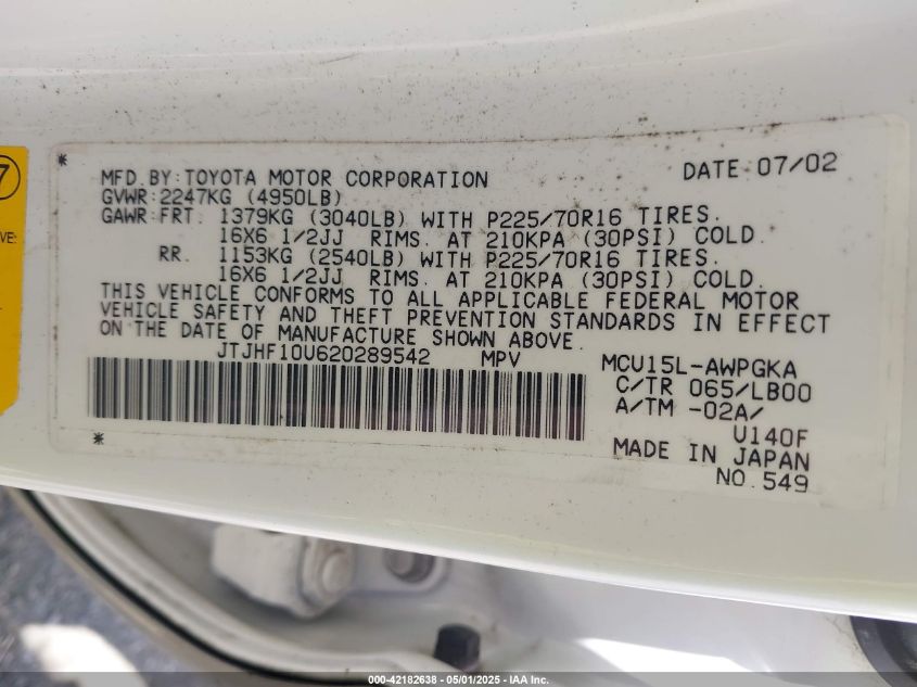 2002 Lexus Rx 300 VIN: JTJHF10U620289542 Lot: 42182638