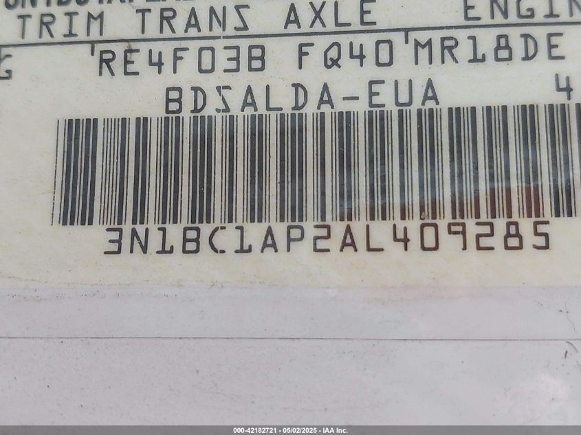 2010 Nissan Versa 1.8S/1.8Sl VIN: 3N1BC1AP2AC409285 Lot: 42182721