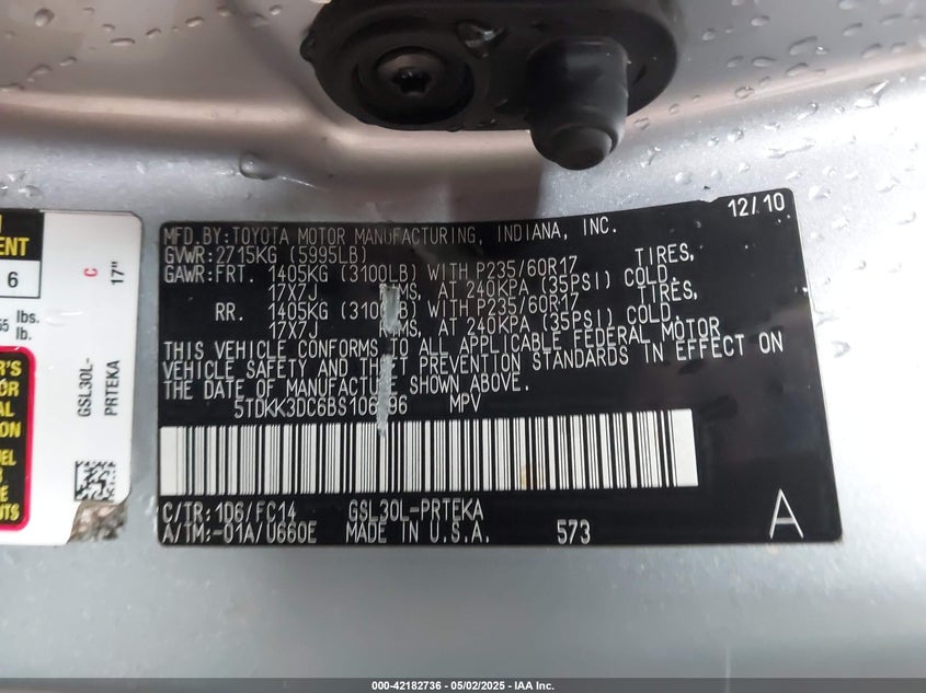 2011 Toyota Sienna Le V6 VIN: 5TDKK3DC6BS106896 Lot: 42182736