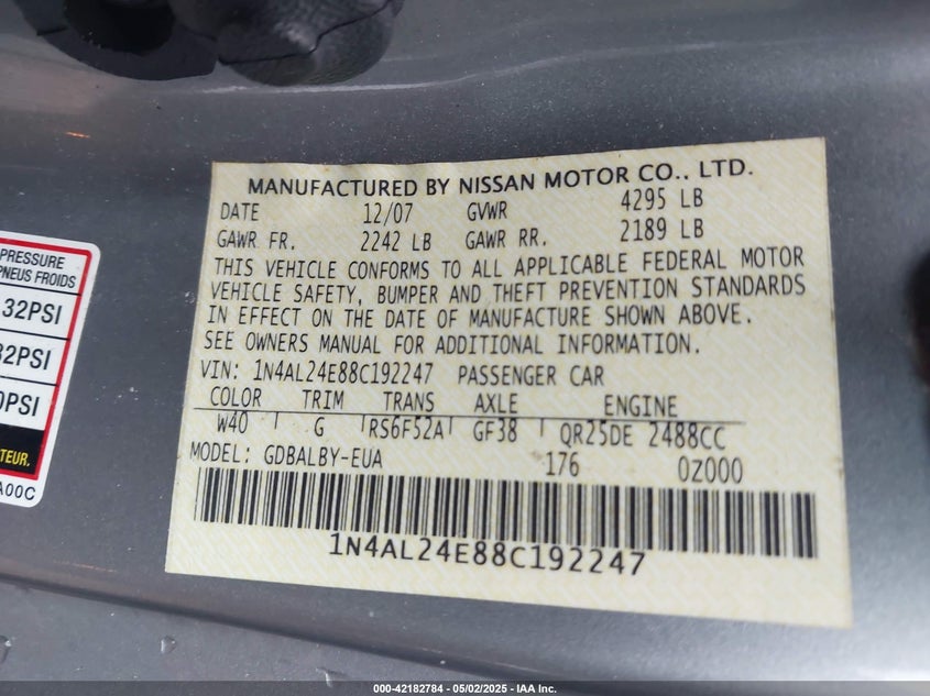 2008 NISSAN ALTIMA VIN: 1N4AL24E88C192247