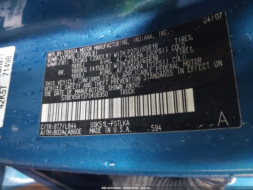 2007 TOYOTA TUNDRA VIN: 5TBEV58137S456950