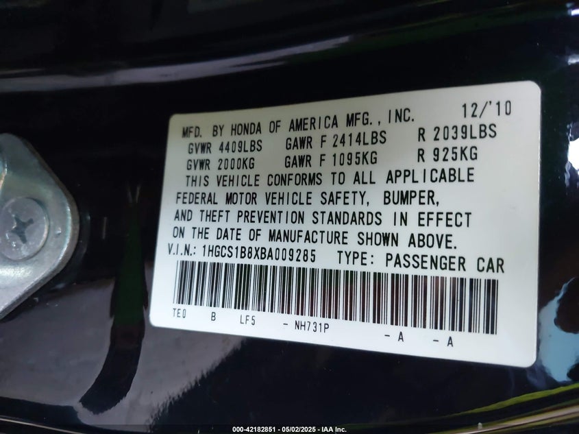 2011 HONDA ACCORD VIN: 1HGCS1B8XBA009285