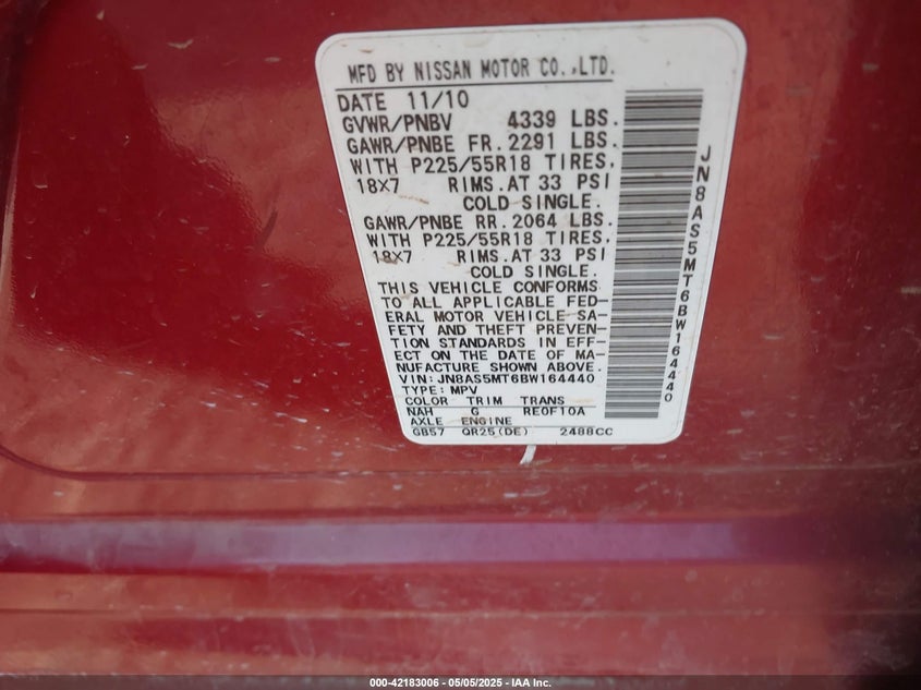 2011 NISSAN ROGUE VIN: JN8AS5MT6BW164440