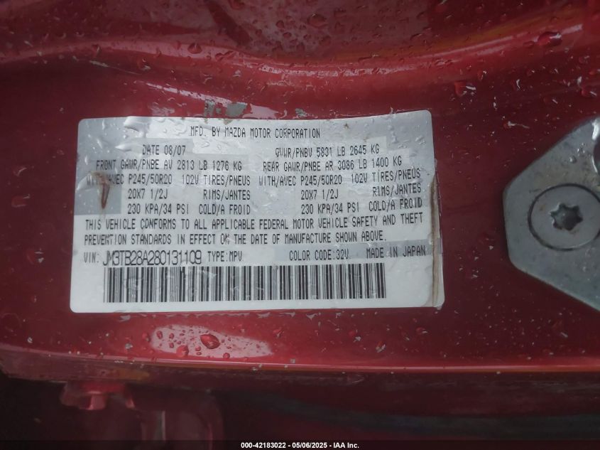 2008 Mazda Cx-9 Grand Touring VIN: JM3TB28A280131109 Lot: 42183022