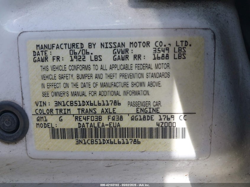 2006 NISSAN SENTRA VIN: 3N1CB51DX6L611786