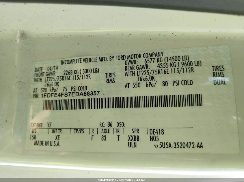 2014 Ford E-450 Cutaway VIN: 1FDFE4FS7EDA88357 Lot: 42183117