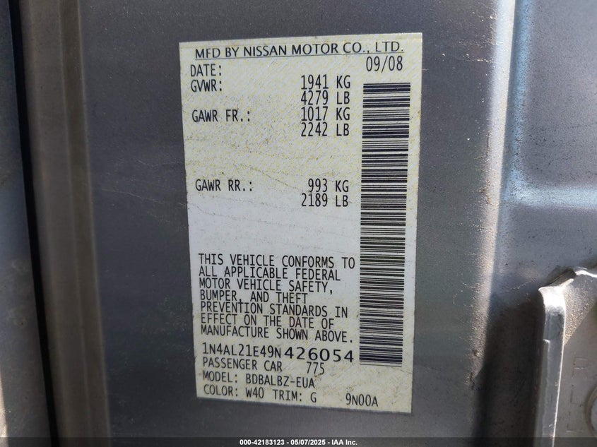 2009 NISSAN ALTIMA VIN: 1N4AL21E49N426054