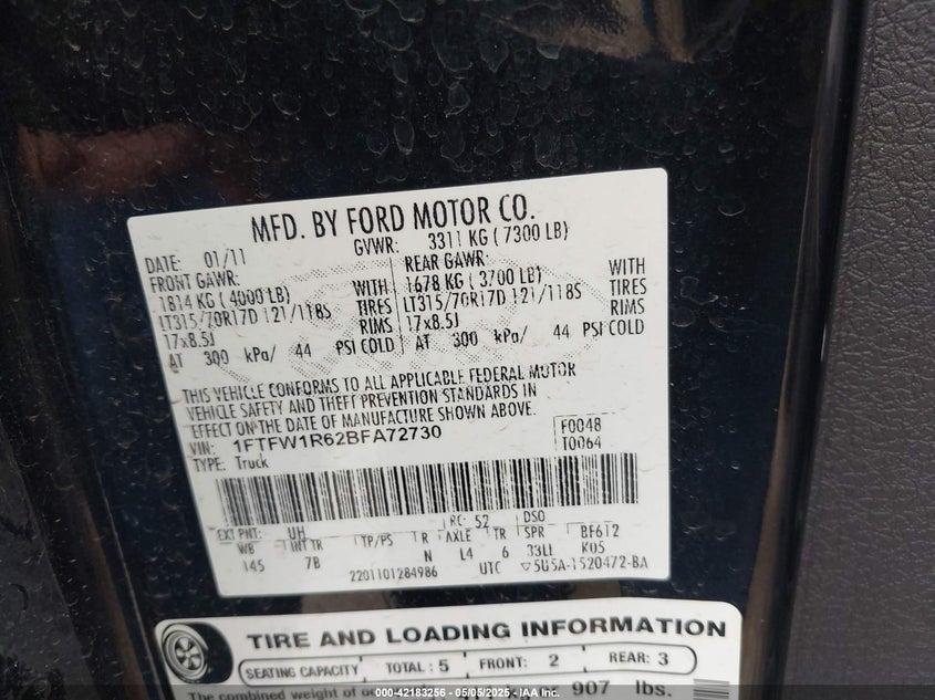 2011 FORD F-150 VIN: 1FTFW1R62BFA72730