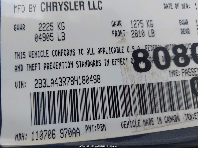 2008 DODGE CHARGER VIN: 2B3LA43R78H180498