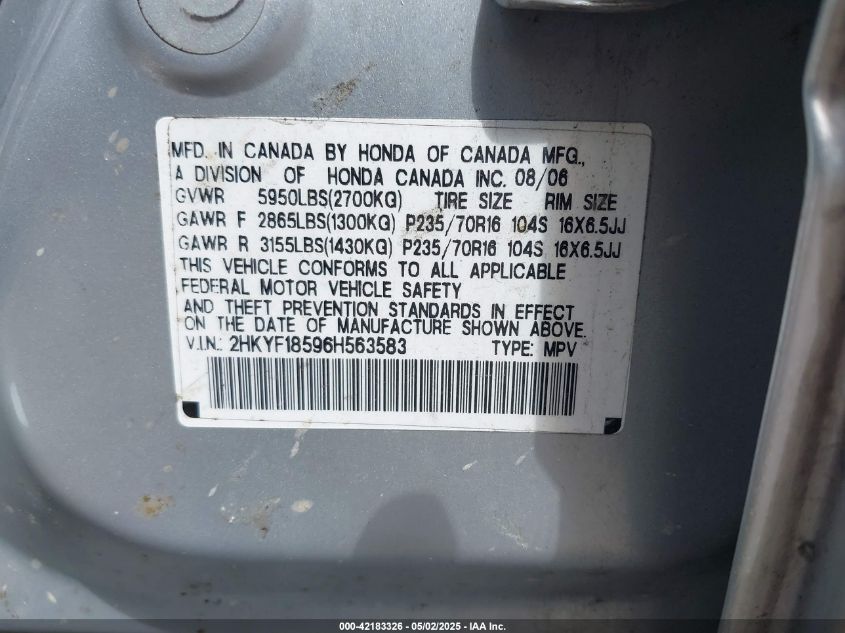 2006 Honda Pilot Ex-L VIN: 2HKYF18596H563583 Lot: 42183326