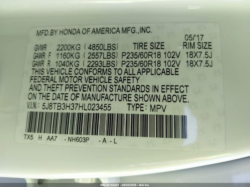 2017 Acura Rdx Acurawatch Plus Package VIN: 5J8TB3H37HL023455 Lot: 42183351