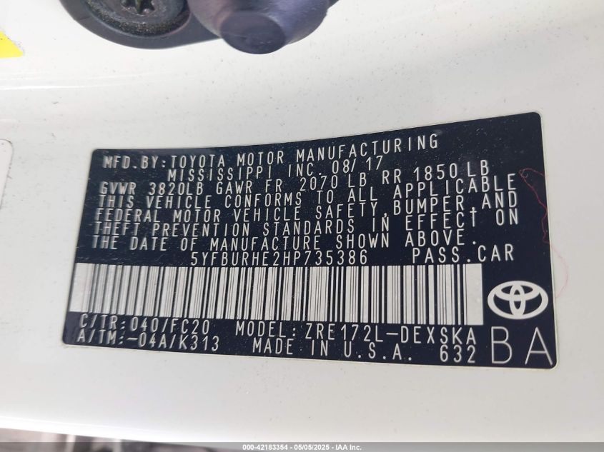 2017 Toyota Corolla Se VIN: 5YFBURHE2HP735386 Lot: 42183354