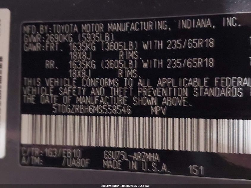 2021 Toyota Highlander Xle VIN: 5TDGZRBH6MS558546 Lot: 42183461