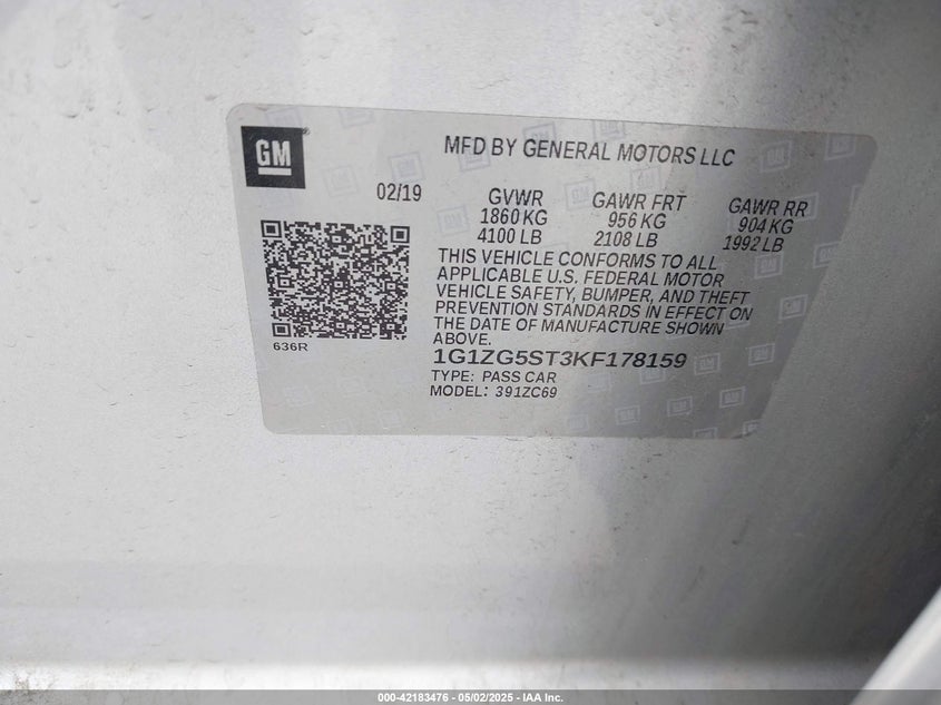 VIN 1G1ZG5ST3KF178159 2019 CHEVROLET MALIBU RS