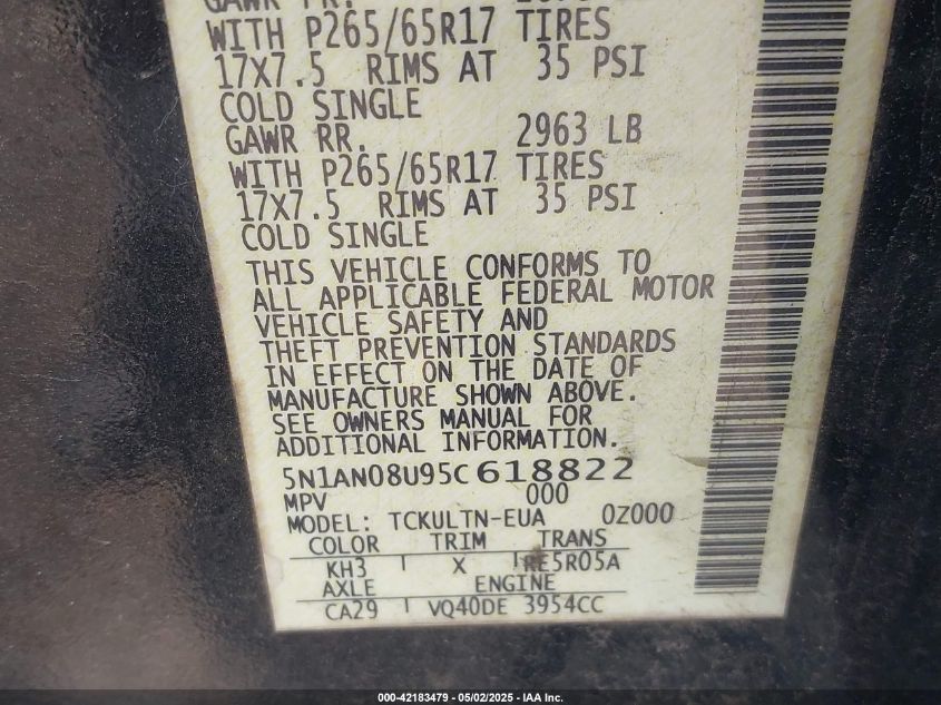 2005 Nissan Xterra Se VIN: 5N1AN08U95C618822 Lot: 42183479