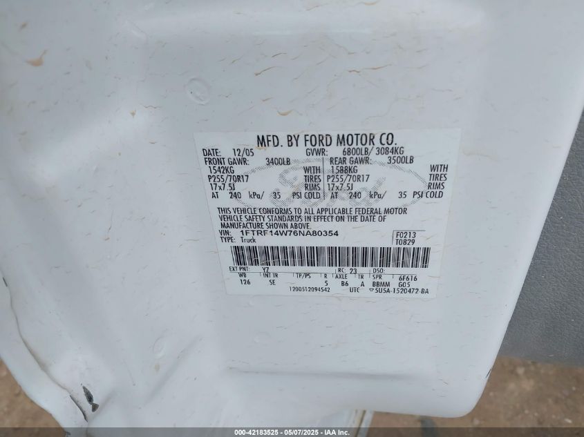 2006 Ford F-150 Stx/Xl/Xlt VIN: 1FTRF14W76NA80354 Lot: 42183525