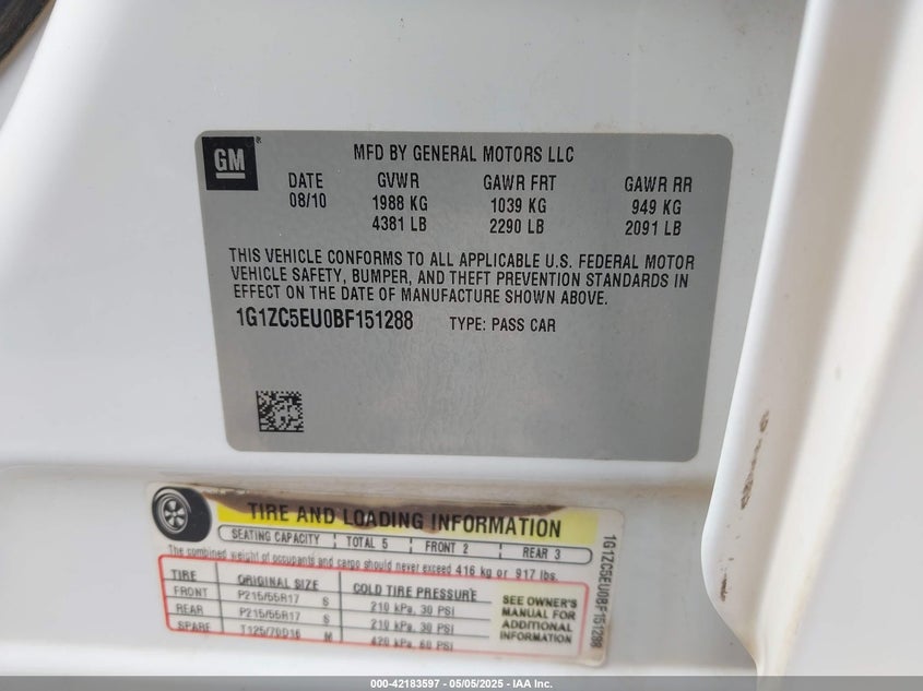 2011 CHEVROLET MALIBU VIN: 1G1ZC5EU0BF151288