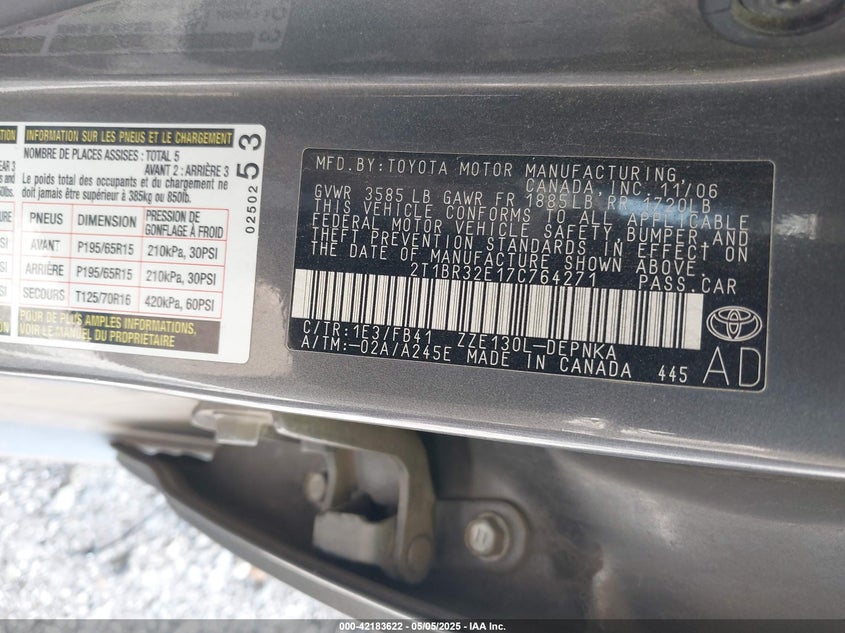 2007 TOYOTA COROLLA VIN: 2T1BR32E17C764271