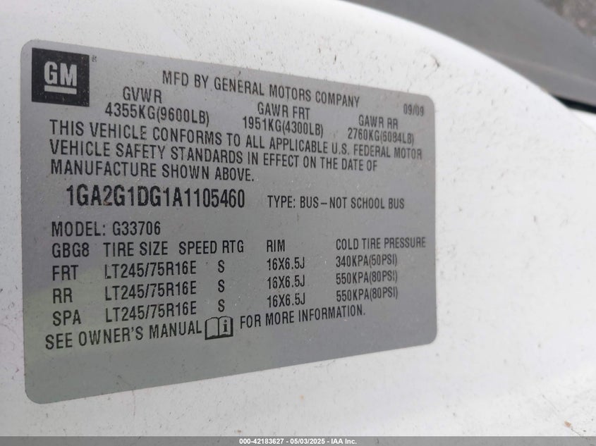 2010 CHEVROLET EXPRESS 3500 VIN: 1GA2G1DG1A1105460