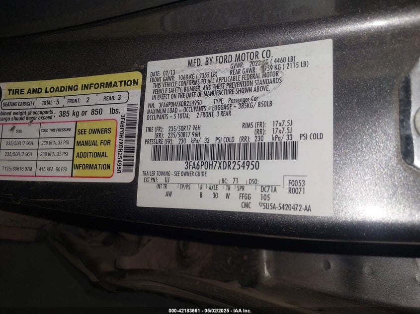 2013 FORD FUSION VIN: 3FA6P0H7XDR254950