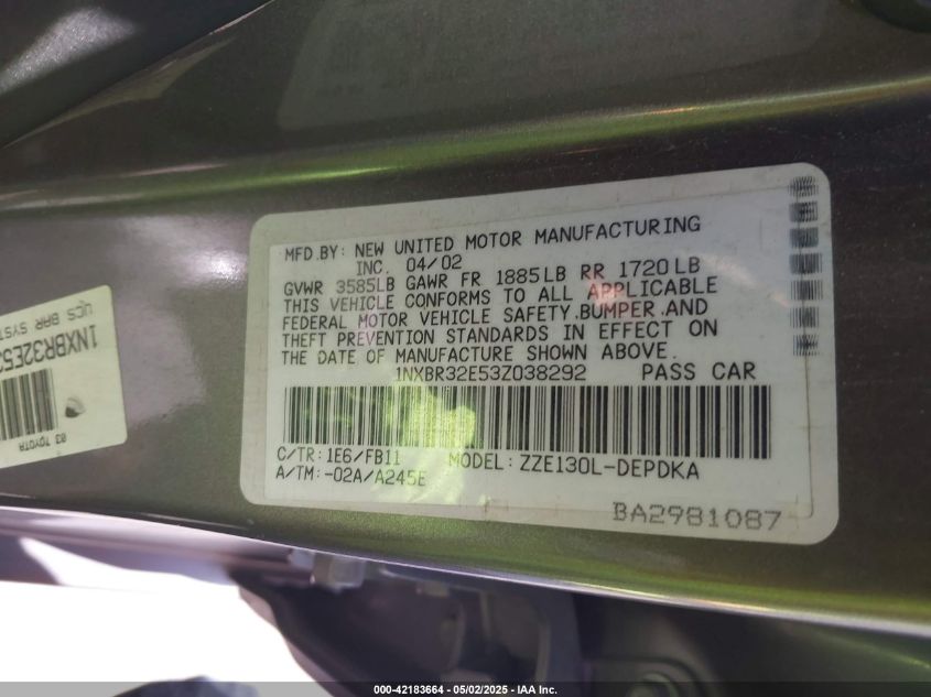 2003 Toyota Corolla Ce/Le/S VIN: 1NXBR32E53Z038292 Lot: 42183664