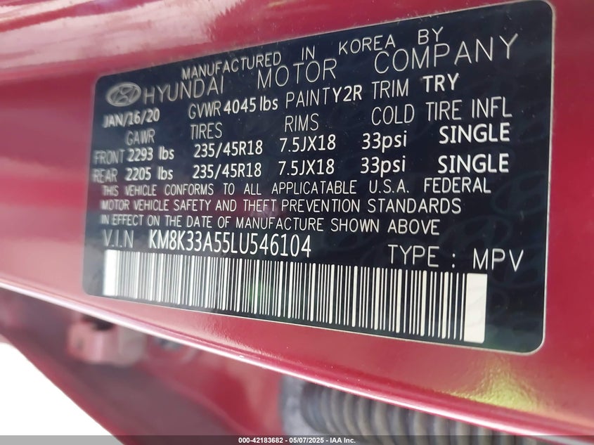 VIN KM8K33A55LU546104 2020 HYUNDAI KONA LIMITED
