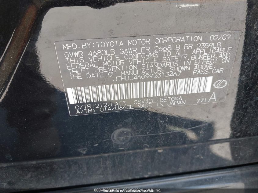 2009 Lexus Es 350 VIN: JTHBJ46G992313467 Lot: 42183716