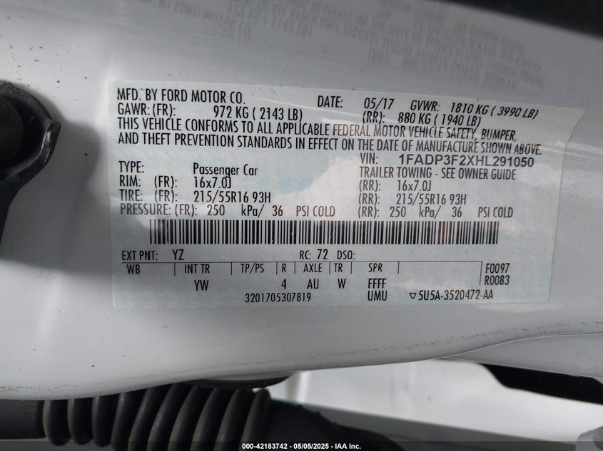 2017 FORD FOCUS VIN: 1FADP3F2XHL291050