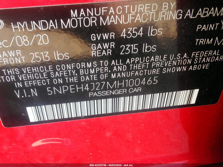 2021 HYUNDAI SONATA VIN: 5NPEH4J27MH100465