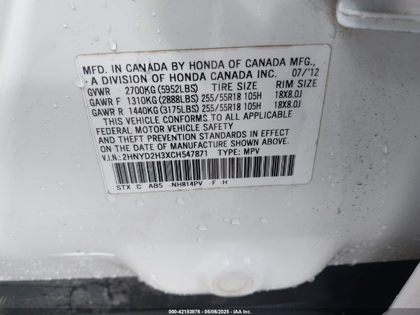 2012 Acura Mdx Technology Package VIN: 2HNYD2H3XCH547871 Lot: 42183876