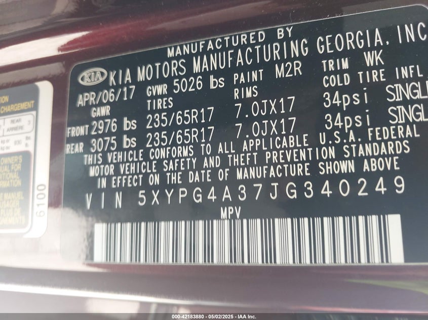2018 KIA SORENTO VIN: 5XYPG4A37JG340249