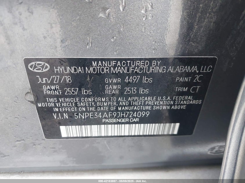 2018 HYUNDAI SONATA VIN: 5NPE34AF9JH724099
