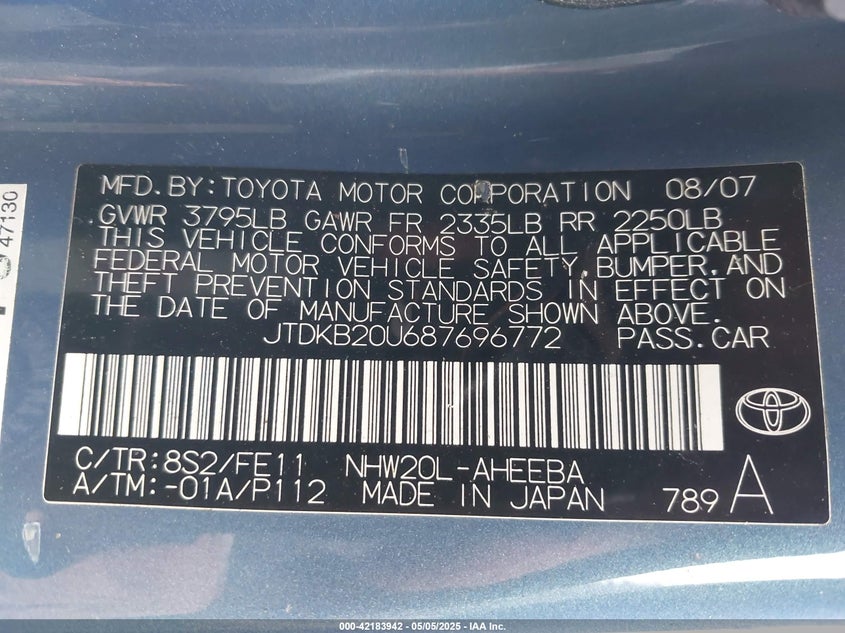 2008 TOYOTA PRIUS VIN: JTDKB20U687696772