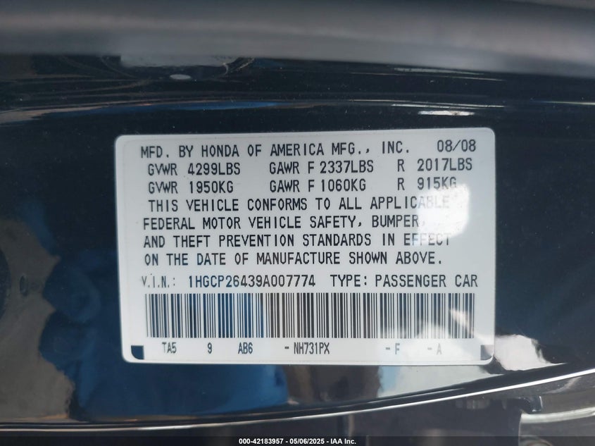 2009 HONDA ACCORD VIN: 1HGCP26439A007774