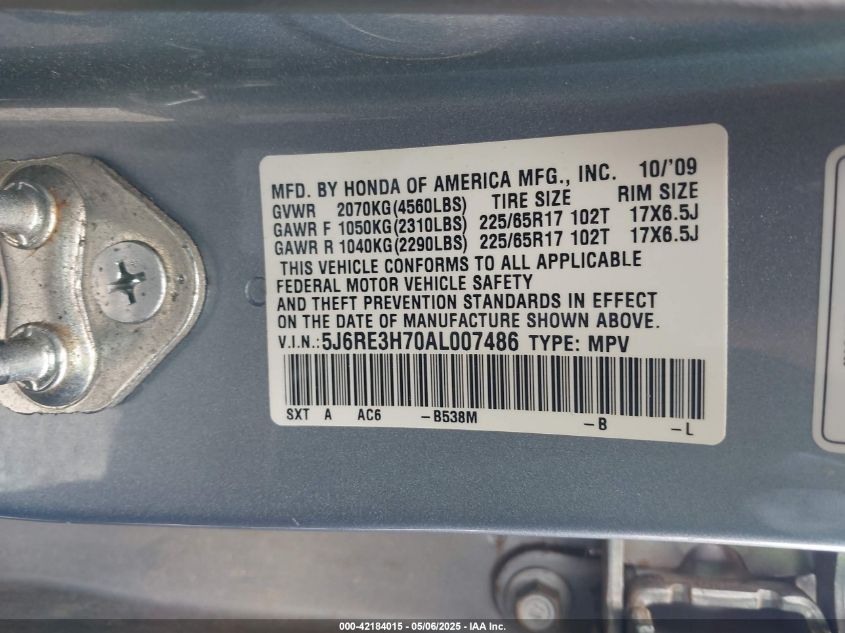 2010 Honda Cr-V Ex-L VIN: 5J6RE3H70AL007486 Lot: 42184015