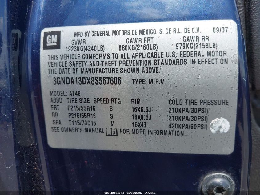 2008 Chevrolet Hhr Ls VIN: 3GNDA13DX8S567606 Lot: 42184074